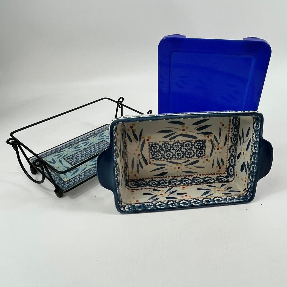 Temptations Old World Blue Loaf Pan 1.5 Qt With Lid Rack And Trivet 10" Kitchen